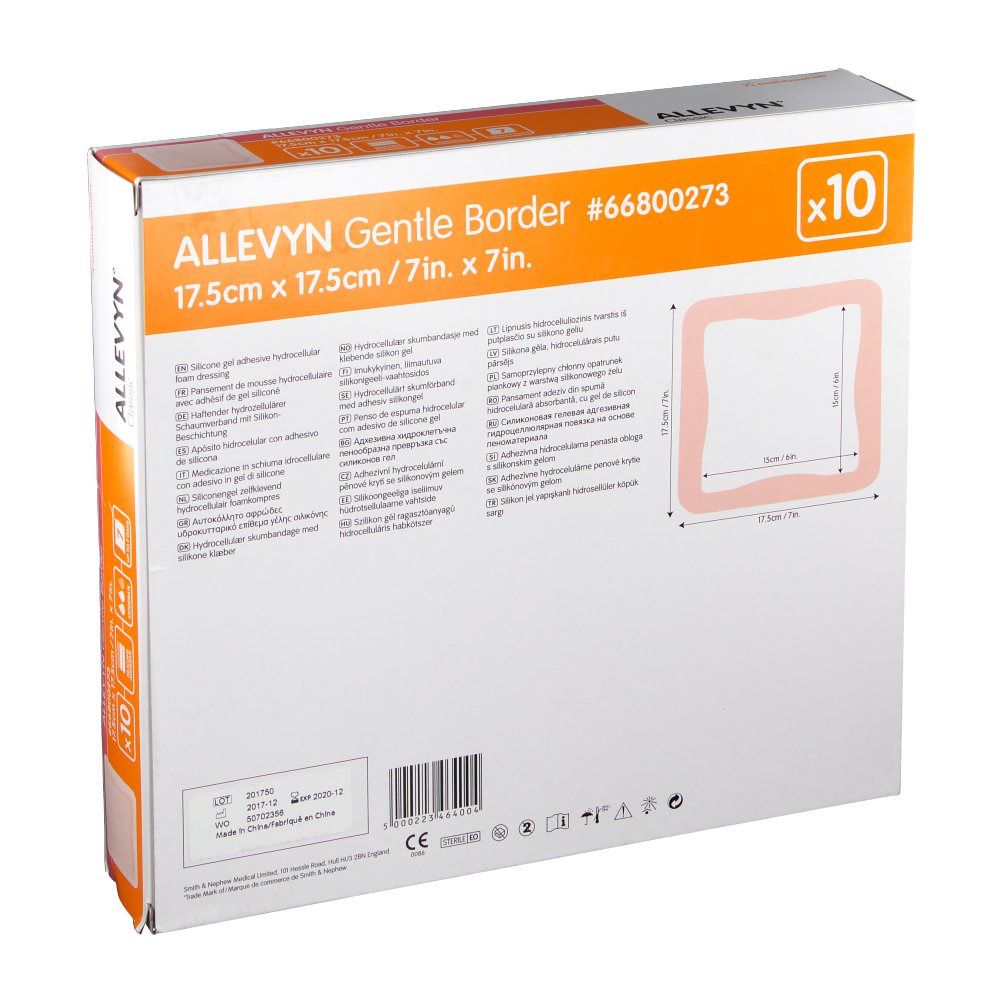 Retro della confezione Allevyn Gentle Border. Informazioni sul prodotto, dimensioni e pittogrammi visibili.
