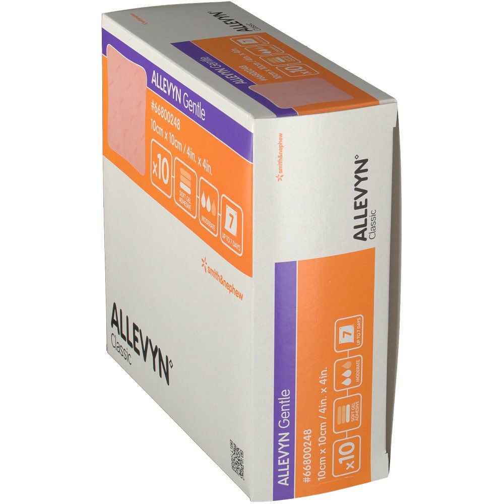 Confezione ALLEVYN Gentle, angolata. 10 medicazioni 10x10cm. Adesivo morbido. Fino a 7 giorni. Marca: smith & nephew.