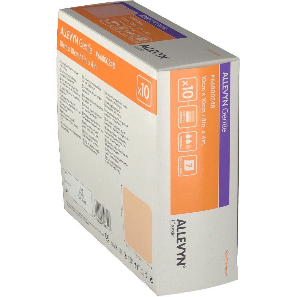 Confezione ALLEVYN Gentle, angolata. 10 medicazioni 10x10cm. Adesivo morbido. Fino a 7 giorni. Marca: smith & nephew.