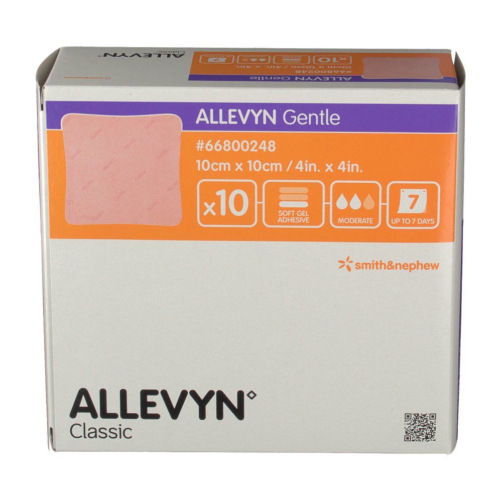 Confezione ALLEVYN Gentle. 10 medicazioni 10x10cm. Adesivo morbido. Fino a 7 giorni. Marca: smith & nephew.