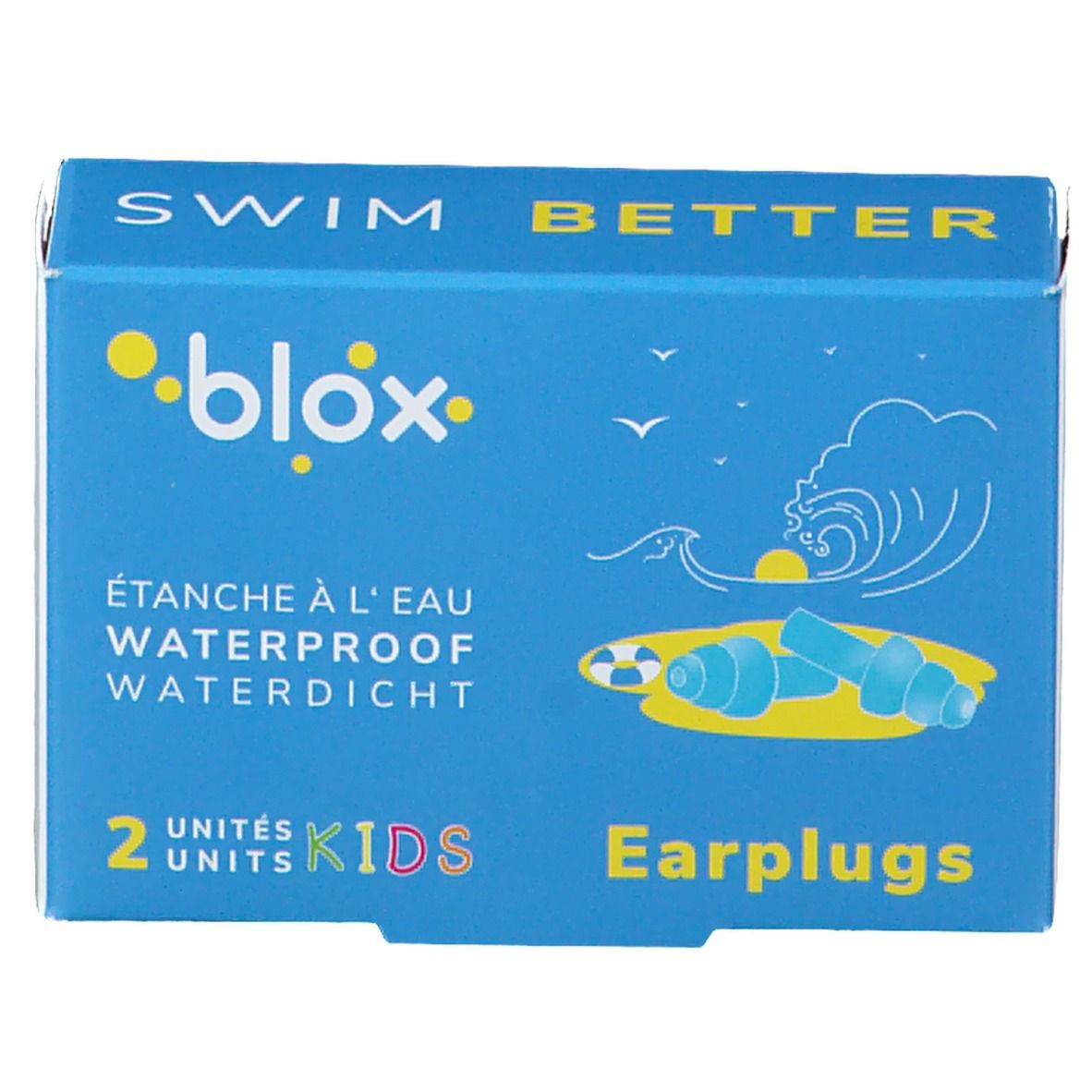 Confezione blu e gialla con tappi per le orecchie. Scritte: blox, SWIM BETTER, impermeabile, 2 pezzi, KIDS, Tappi per le orecchie.