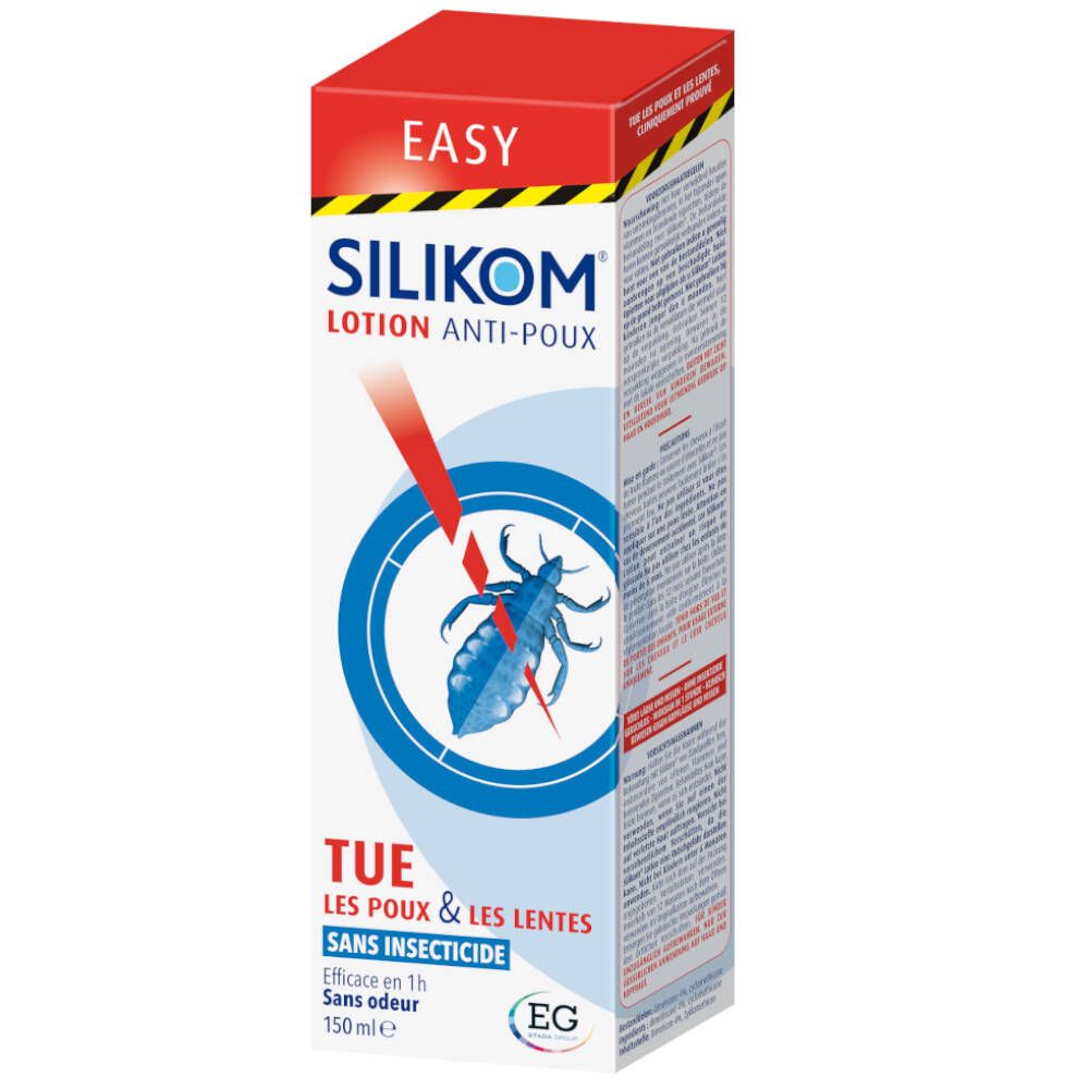 Scatola Silikom Lotion Anti-Poux. Confezione rossa e bianca con nome del prodotto e immagine di un pidocchio. 150ml.