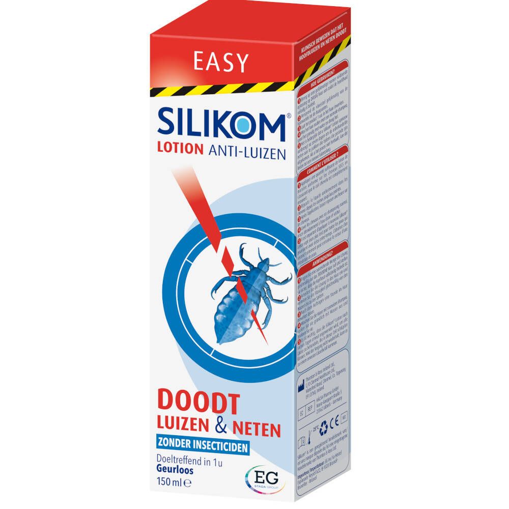 Scatola Silikom Lotion Anti-Luizen. Confezione rossa e bianca con nome del prodotto e immagine di un pidocchio. 150ml.