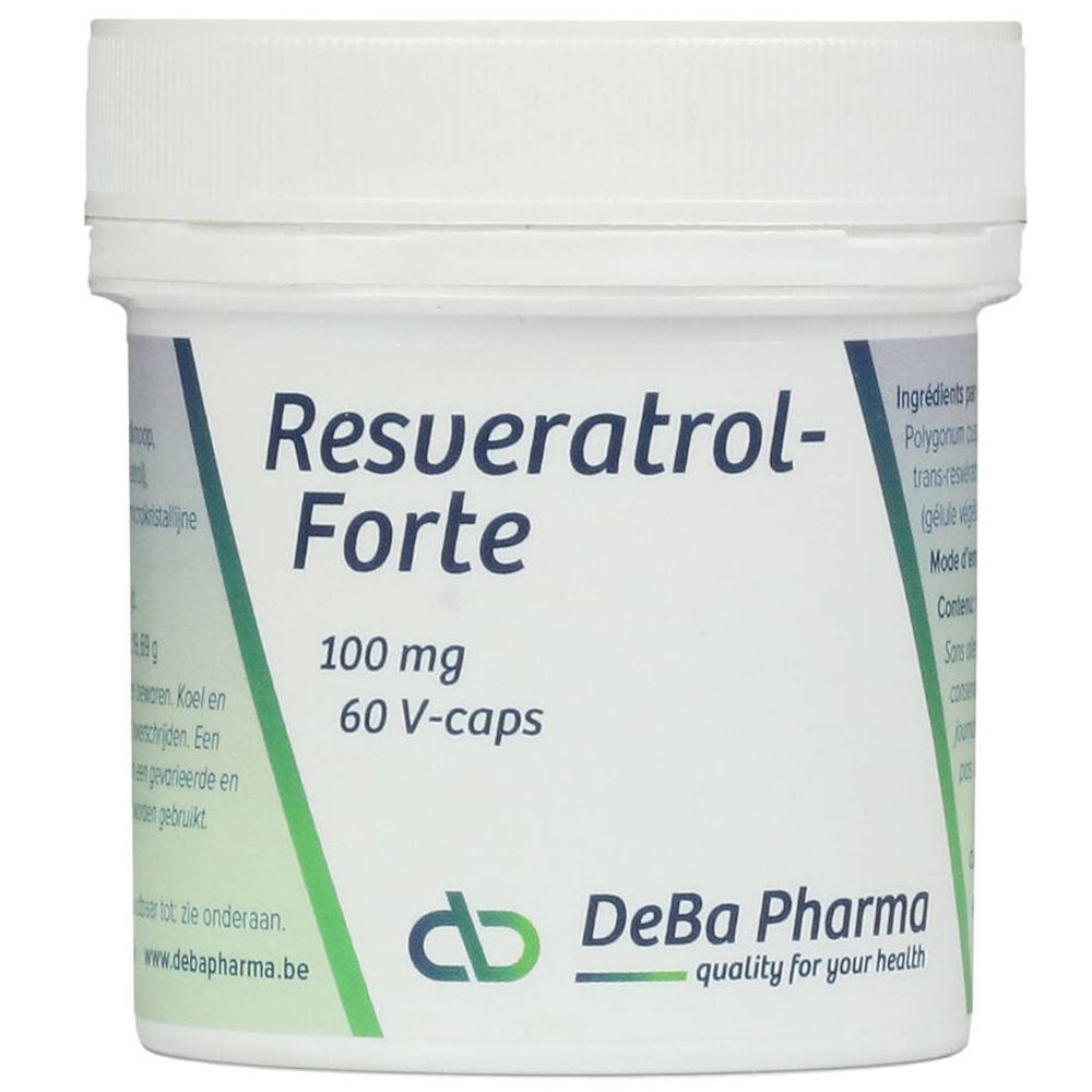 Barattolo bianco Resveratrol-Forte 100 mg, 60 V-caps. Logo DeBa Pharma.