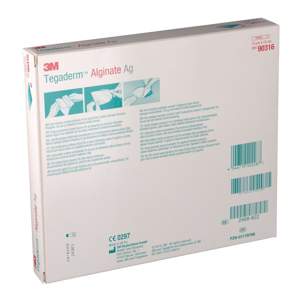 Retro della confezione 3M Tegaderm Alginate Ag. Contiene informazioni e codice a barre. Marchio CE.