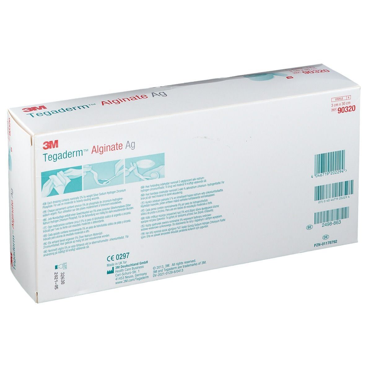 Retro della confezione di 3M Tegaderm Alginate Ag. Testo: informazioni sul prodotto, marchio CE, codice a barre.