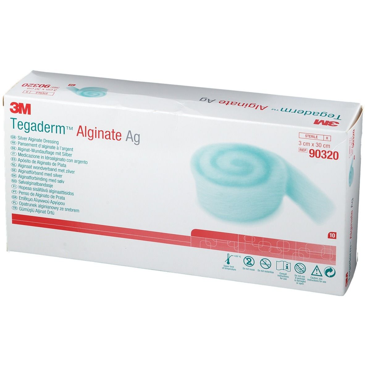 Confezione di 3M Tegaderm Alginate Ag. Contiene un rotolo di medicazione blu. Scritte: 3M, nome prodotto, dimensioni.