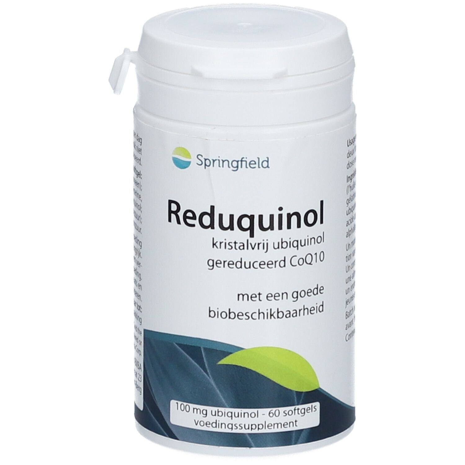 Flacone bianco Springfield Reduquinol. Scritta: Reduquinol, 100 mg ubiquinolo, 60 softgel.