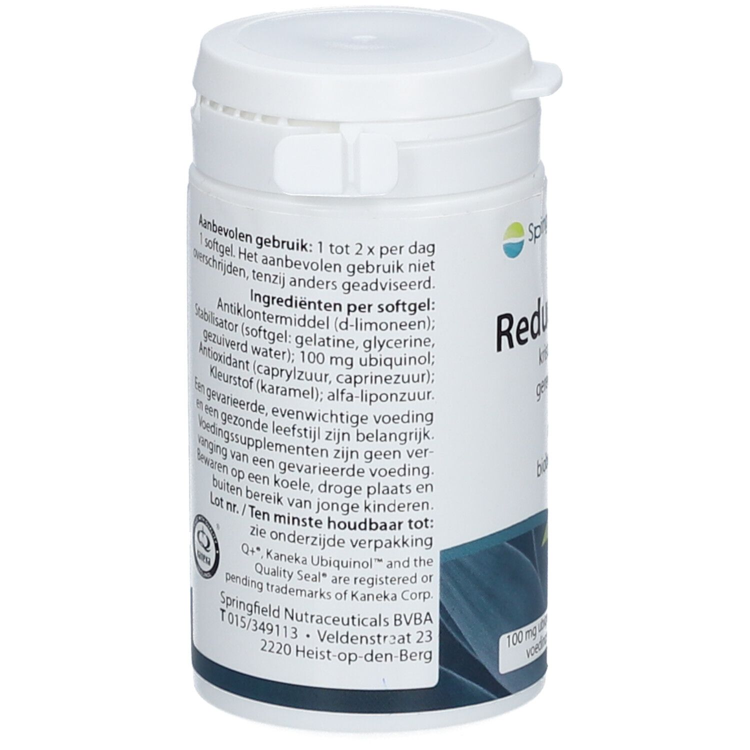 Retro del flacone bianco Springfield Reduquinol. Testo: ingredienti, istruzioni per l'uso, scadenza.