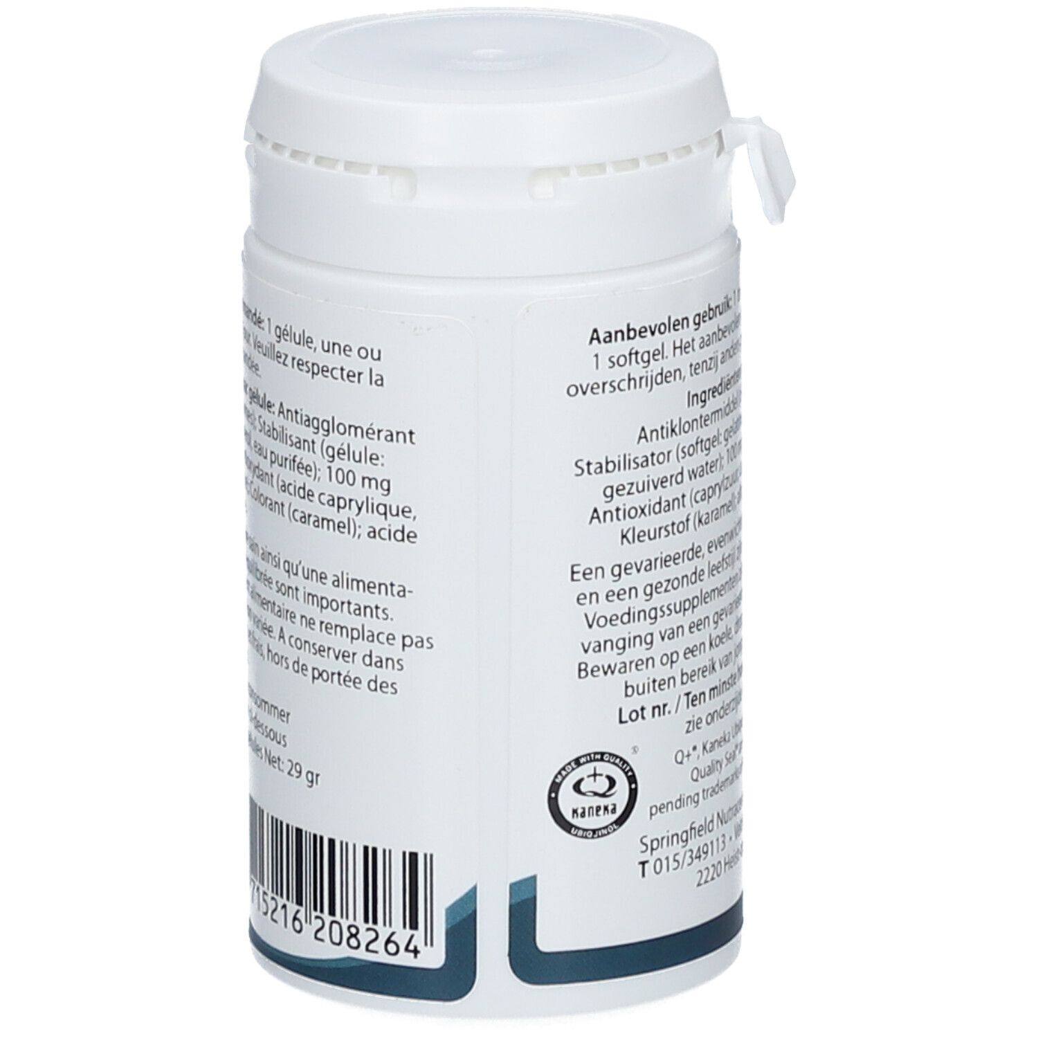 Retro del flacone bianco Springfield Reduquinol. Testo: ingredienti, numero di lotto, codice a barre.