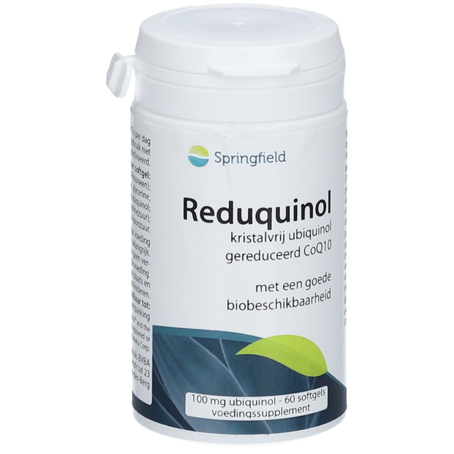 Flacone bianco Springfield Reduquinol. Scritta: Reduquinol, 100 mg ubiquinolo, 60 softgel.