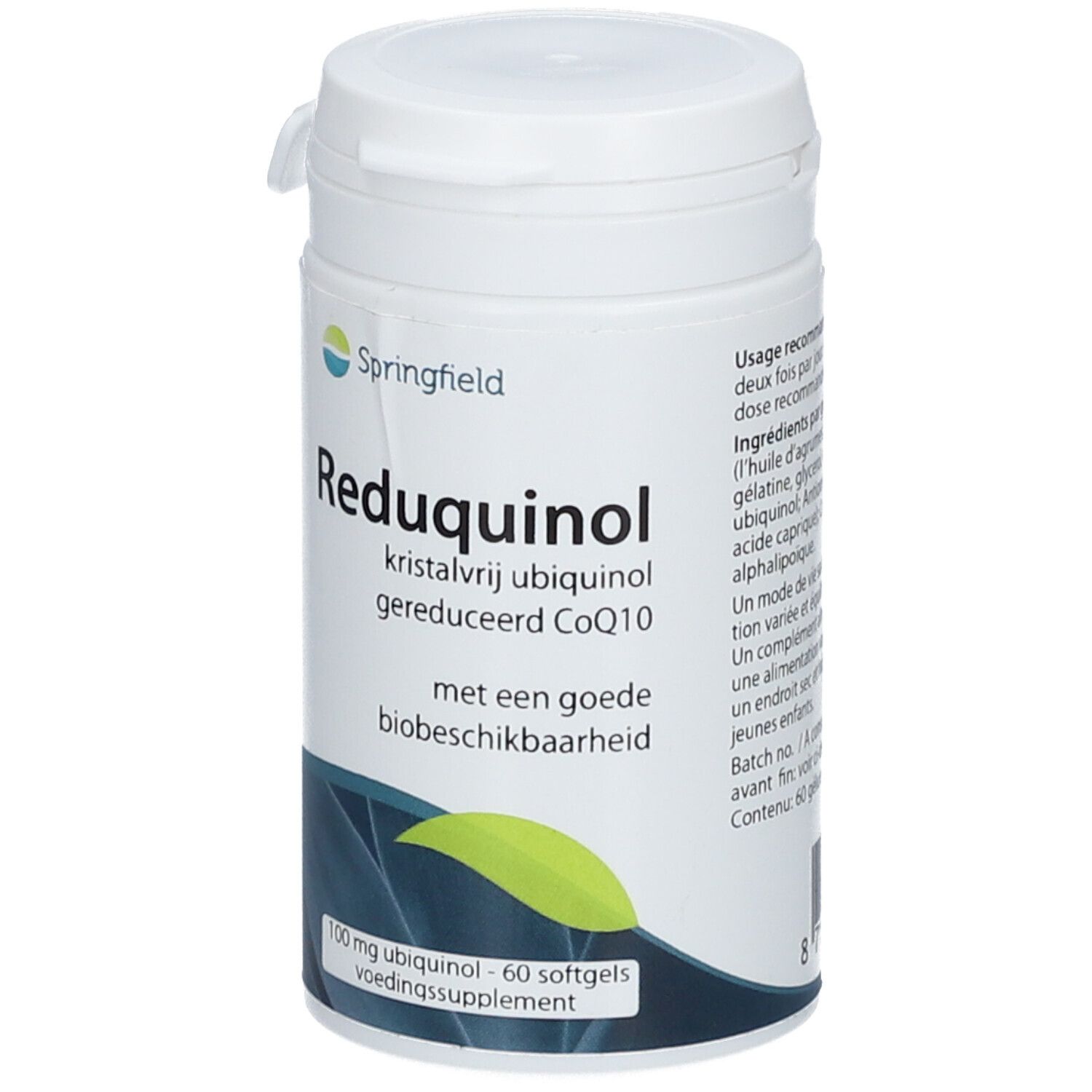 Flacone bianco Springfield Reduquinol. Scritta: Reduquinol, 100 mg ubiquinolo, 60 softgel.