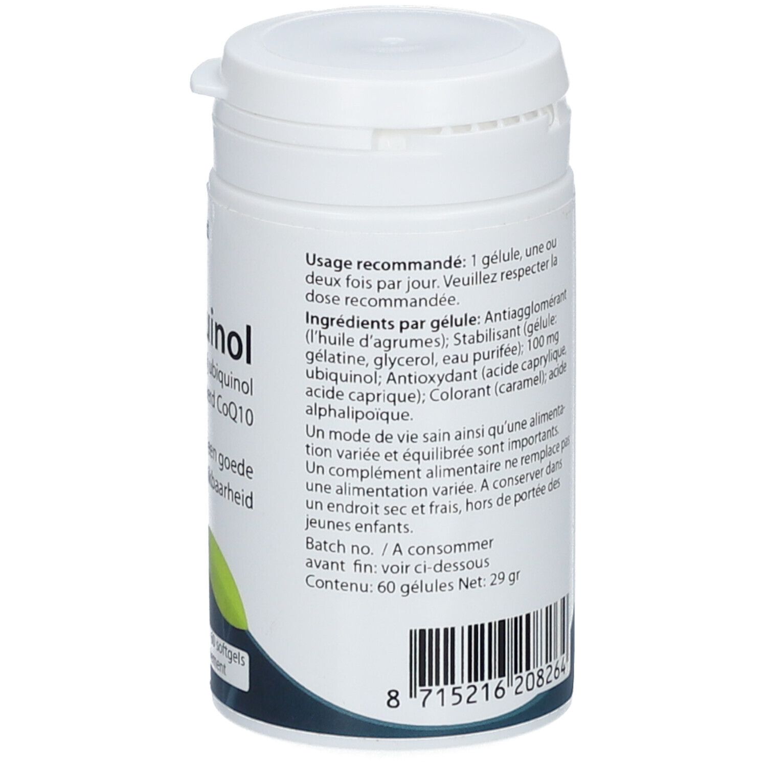 Retro del flacone bianco Springfield Reduquinol. Testo: ingredienti, numero di lotto, codice a barre.