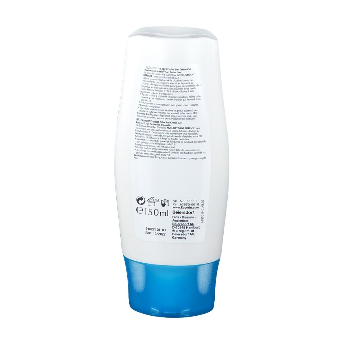 Flacone bianco con tappo blu. Retro con testo e informazioni del produttore. E150ml.