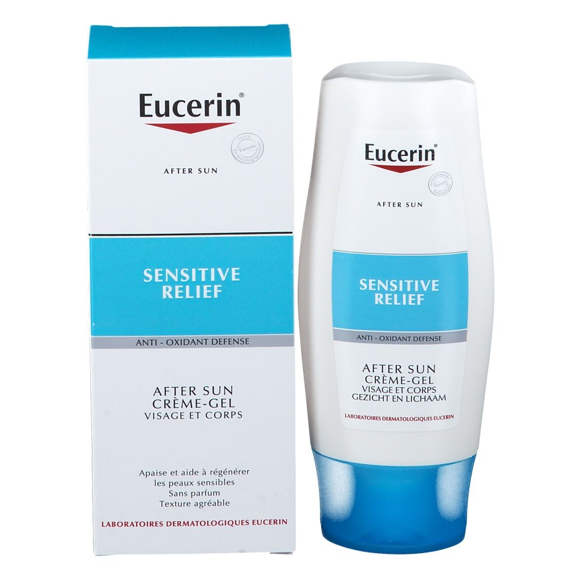 Eucerin After Sun Crema-Gel e confezione. Bianco, blu e rosso. Scritta: Sensitive Relief.