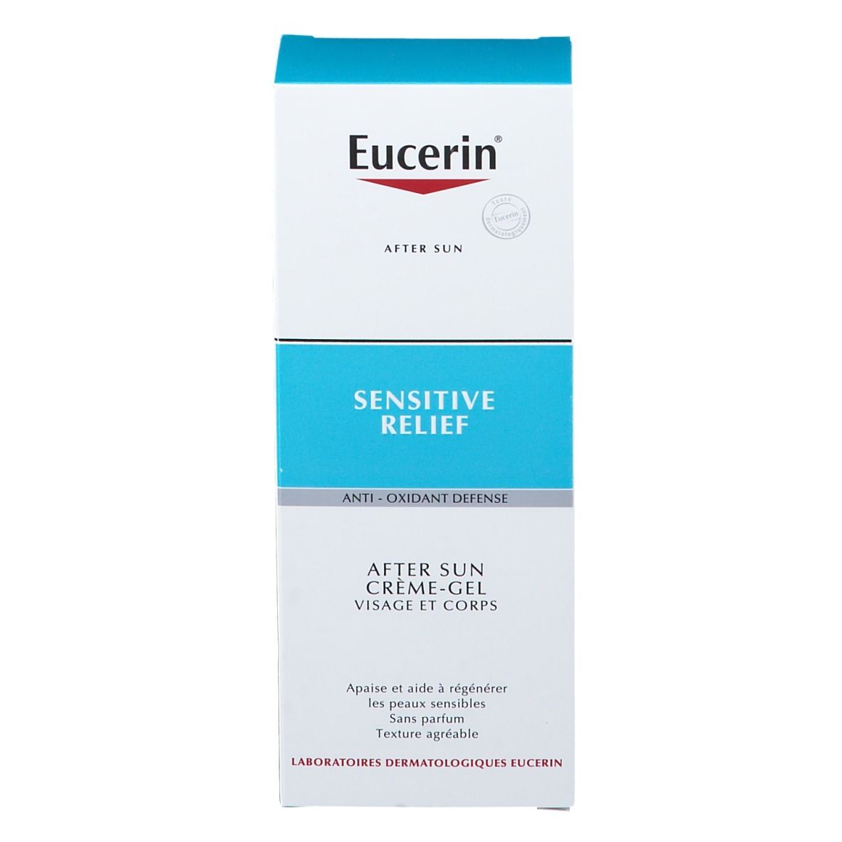 Confezione di Eucerin After Sun Crema-Gel. Bianco, blu e rosso. Scritta: Sensitive Relief.