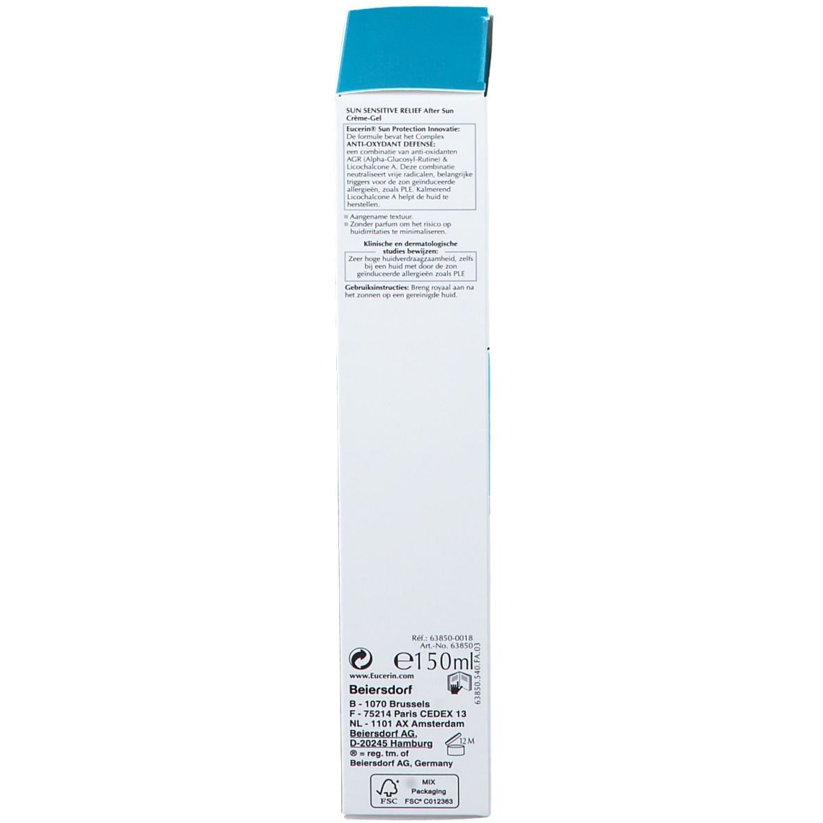 Confezione stretta di Eucerin After Sun Crema-Gel. Bianco e blu. Testo e informazioni del produttore.