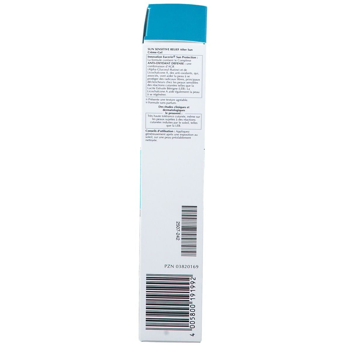 Confezione stretta di Eucerin After Sun Crema-Gel. Bianco e blu. Codice a barre e testo.