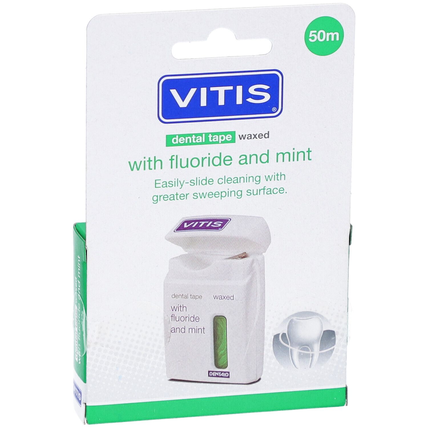 Confezione di filo interdentale cerato Vitis. Nastro bianco con striscia verde. Scritta: Vitis, filo interdentale cerato con fluoro e menta.