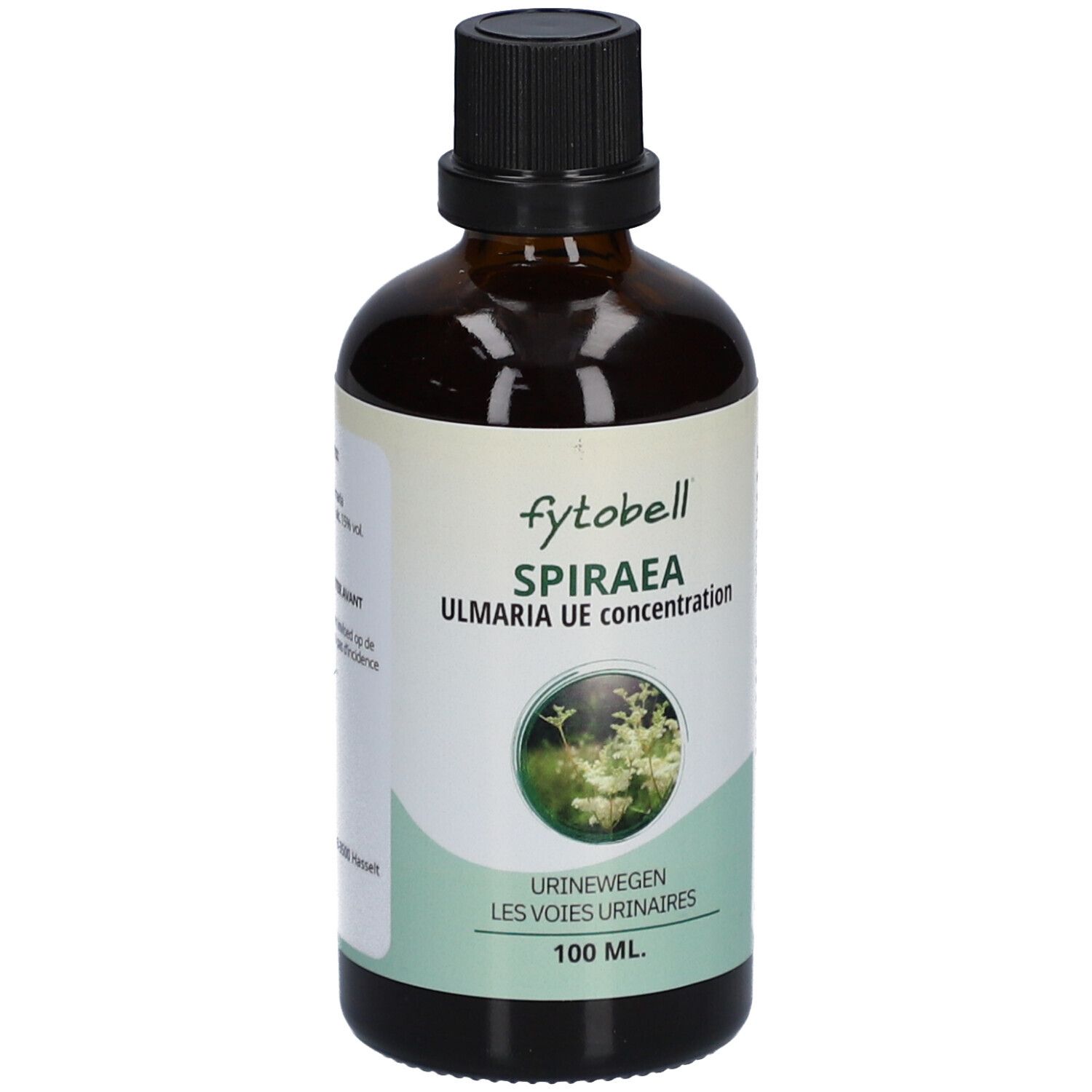 Flacone di vetro marrone con tappo nero. Etichetta con nome prodotto e immagine floreale. Testo: Urinewegen, 100 ml.