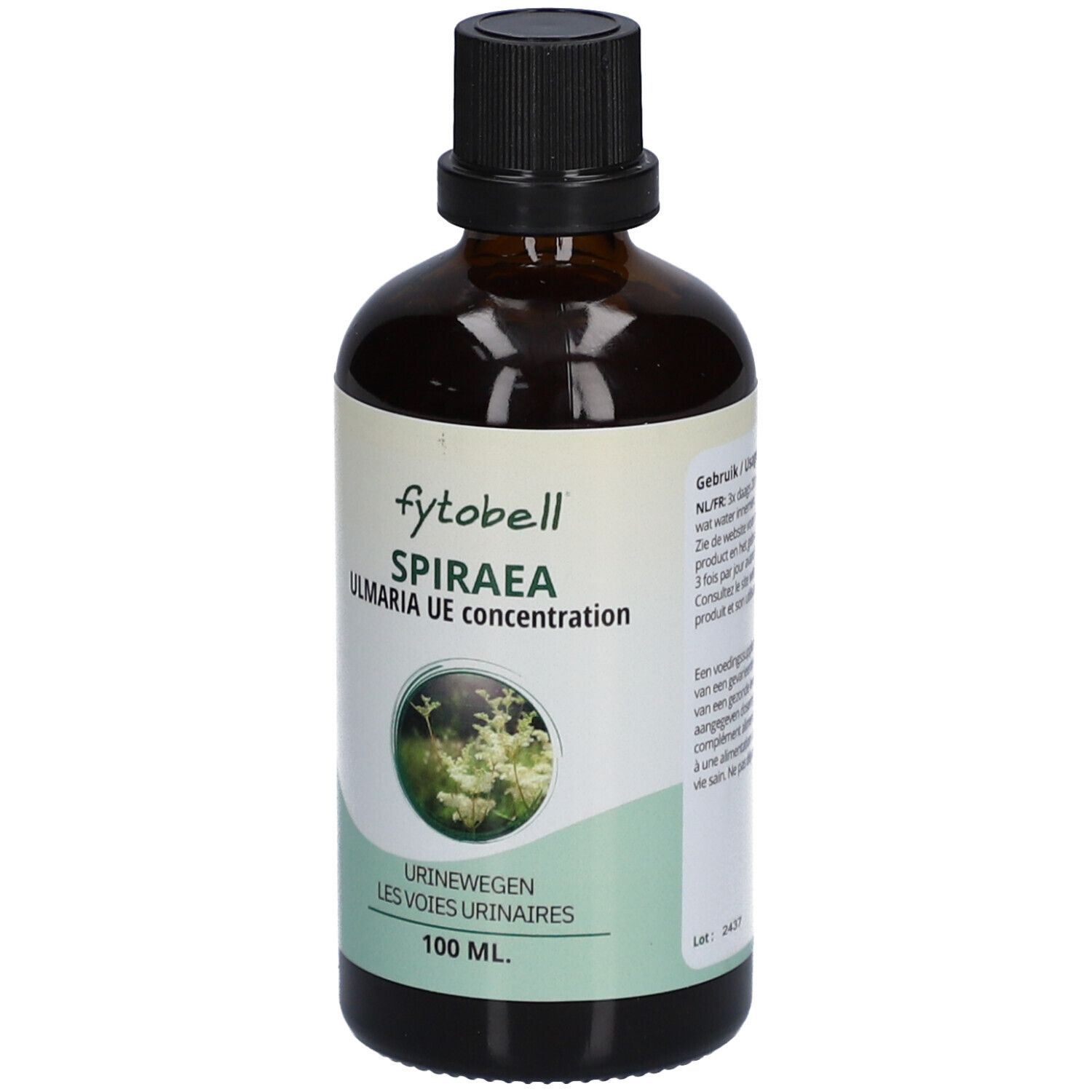 Flacone di vetro marrone con tappo nero. Etichetta con nome prodotto e immagine floreale. Testo: Urinewegen, 100 ml.