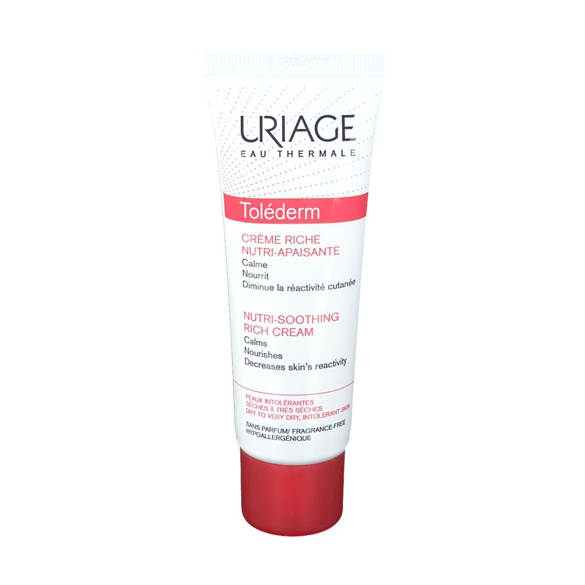 Tubo bianco con tappo rosso. Scritte: URIAGE, Toléderm, Crème Riche. Testo in francese e inglese.