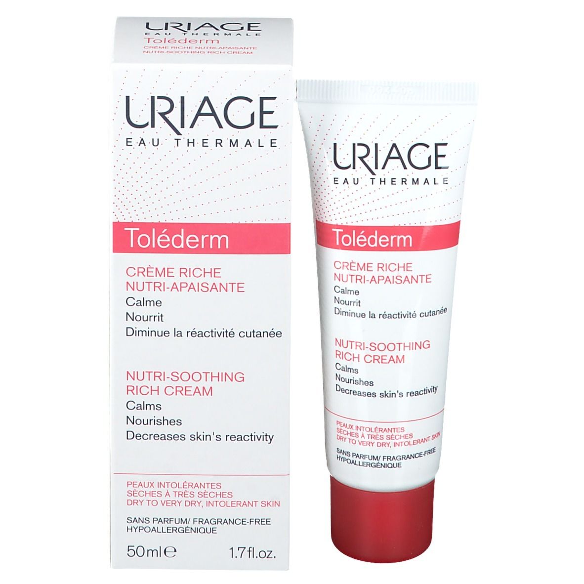 Confezione del prodotto: tubo e scatola. Scritte: URIAGE, Toléderm, Crème Riche. Testo in francese e inglese.