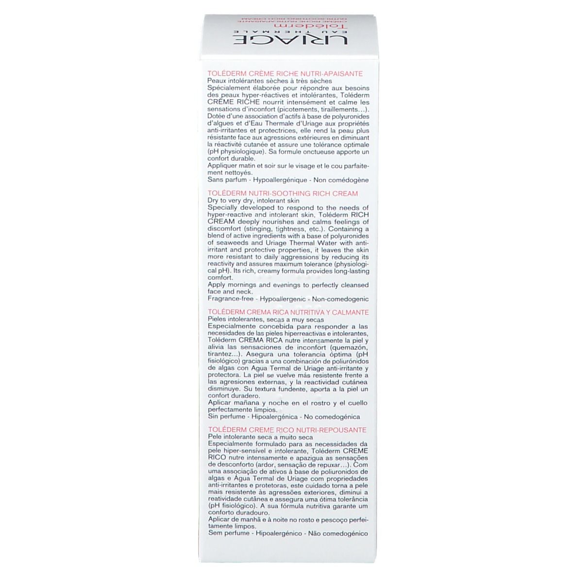 Vista laterale della confezione del prodotto. Testo multilingue. Informazioni sull'uso e sugli ingredienti.