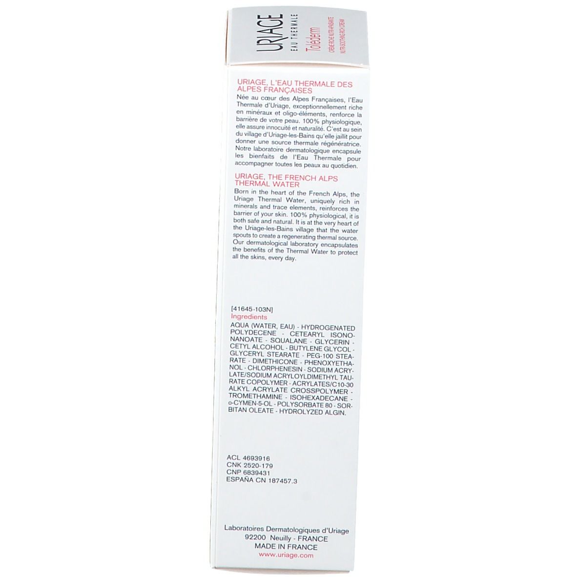 Retro della confezione del prodotto. Testo multilingue. Ingredienti e informazioni produttore.