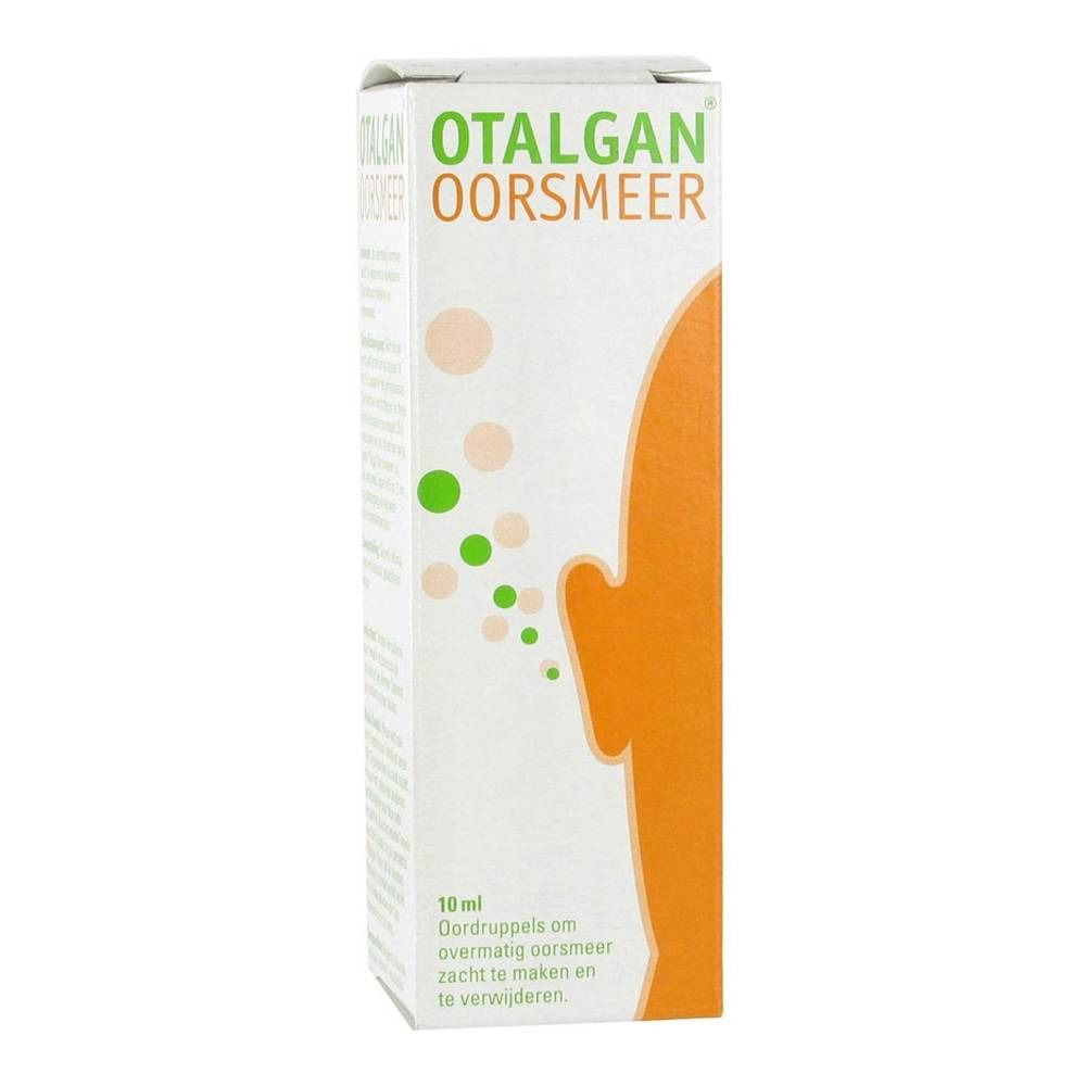 Confezione Otalgan. Scatola bianca con design verde e arancione. Testo: Otalgan Oorsmeer. 10 ml.