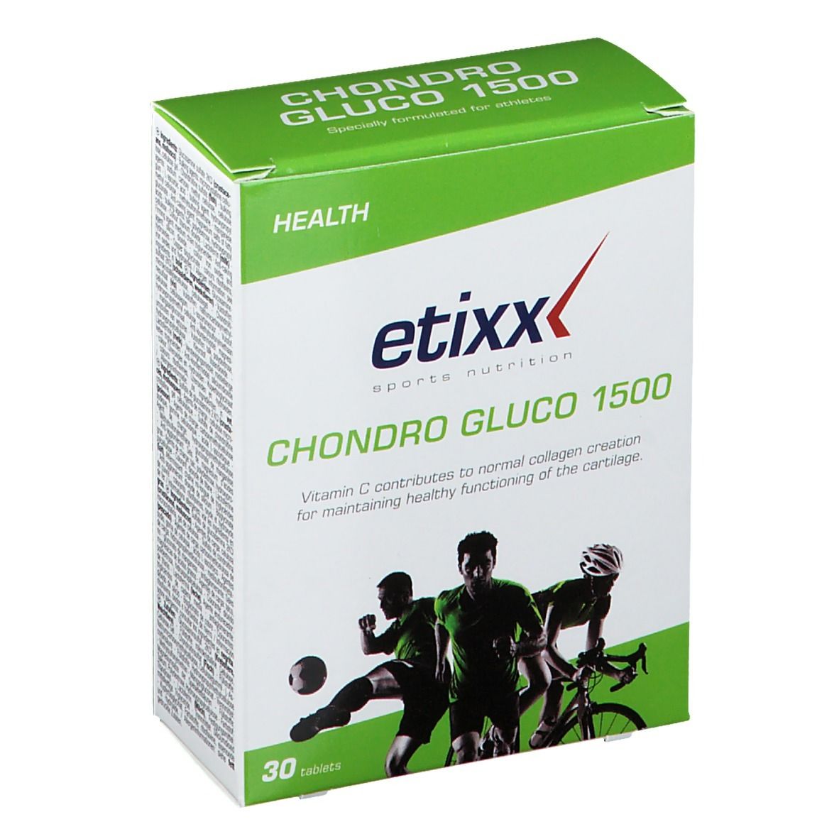 Confezione Etixx Chondro-Gluco 1500. Scatola verde e bianca con nome e logo del prodotto. 30 compresse. Immagine di atleti.