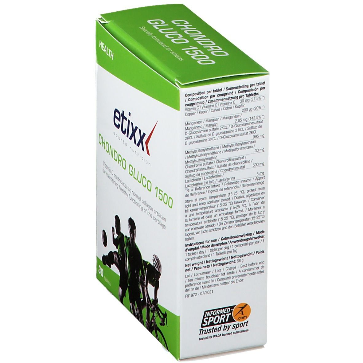 Confezione Etixx Chondro-Gluco 1500. Vista laterale con informazioni nutrizionali e ingredienti. Logo 'Informed-Sport'.