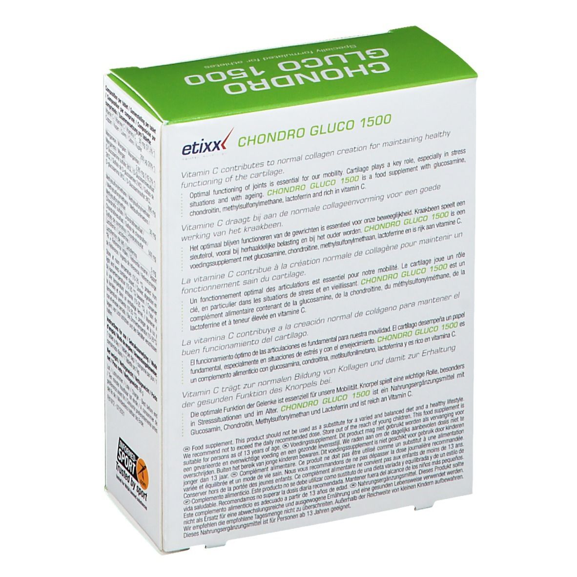 Confezione Etixx Chondro-Gluco 1500. Retro con informazioni sul prodotto in più lingue. Logo 'Informed-Sport'.