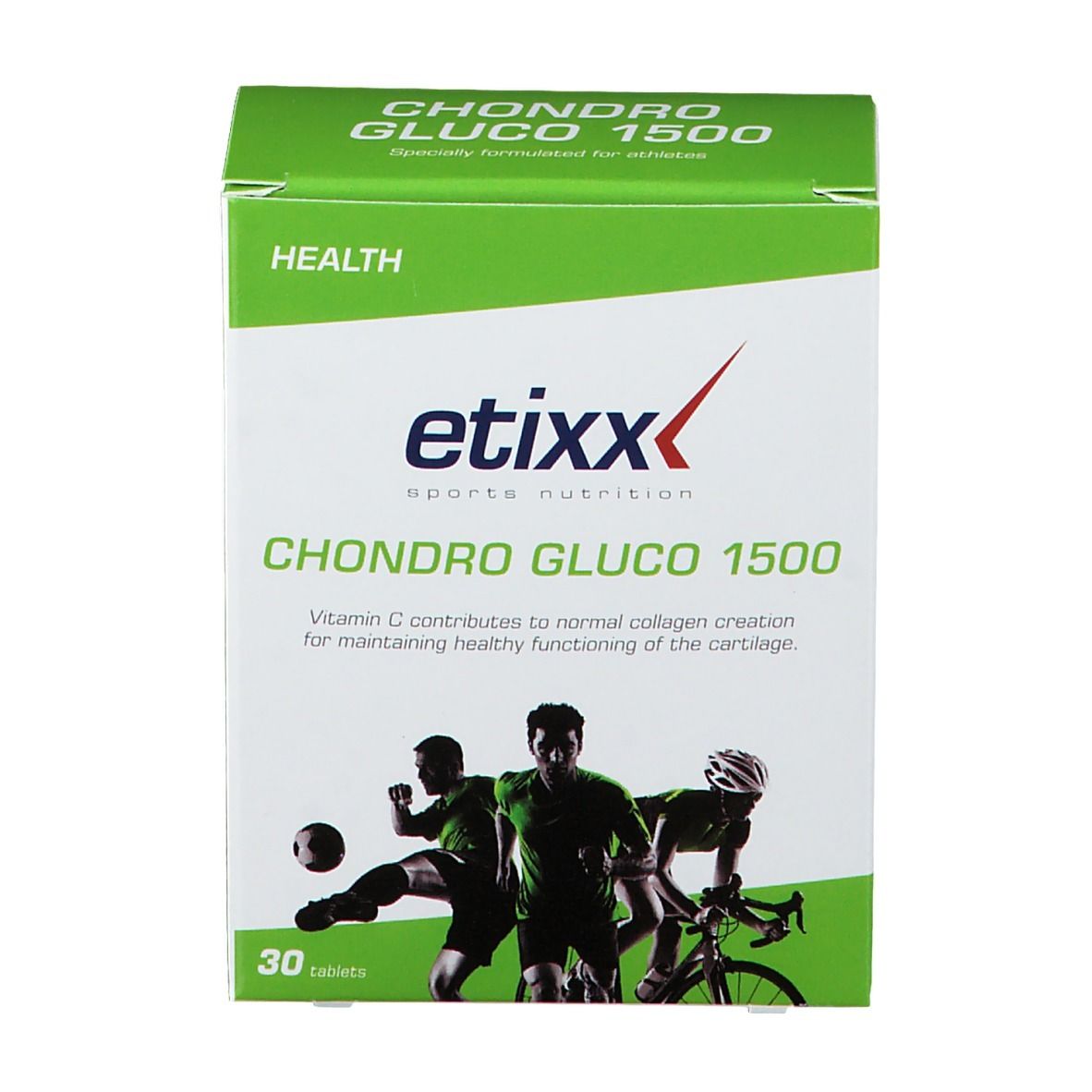 Confezione Etixx Chondro-Gluco 1500. Scatola verde e bianca con nome e logo del prodotto. 30 compresse. Immagine di atleti.