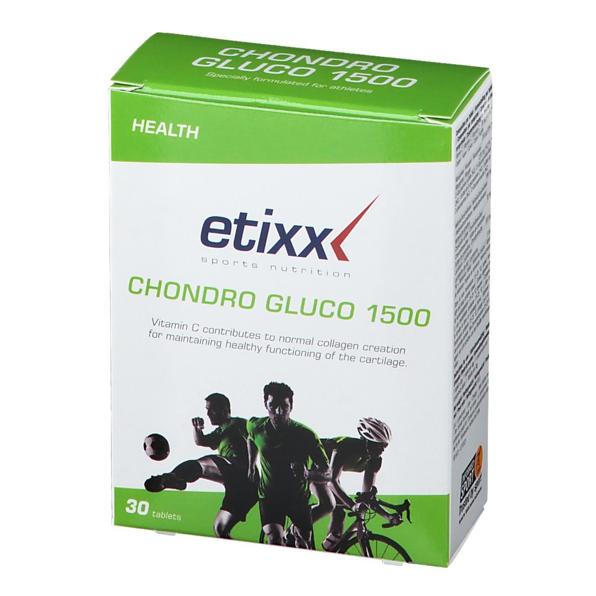 Confezione Etixx Chondro-Gluco 1500. Scatola verde e bianca con nome e logo del prodotto. 30 compresse. Immagine di atleti.