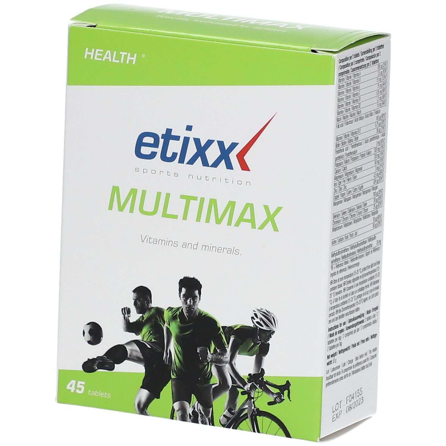 Confezione Etixx Multimaxx. Rettangolare, verde e bianca, con nome del prodotto e illustrazioni sportive. Contiene 45 compresse.