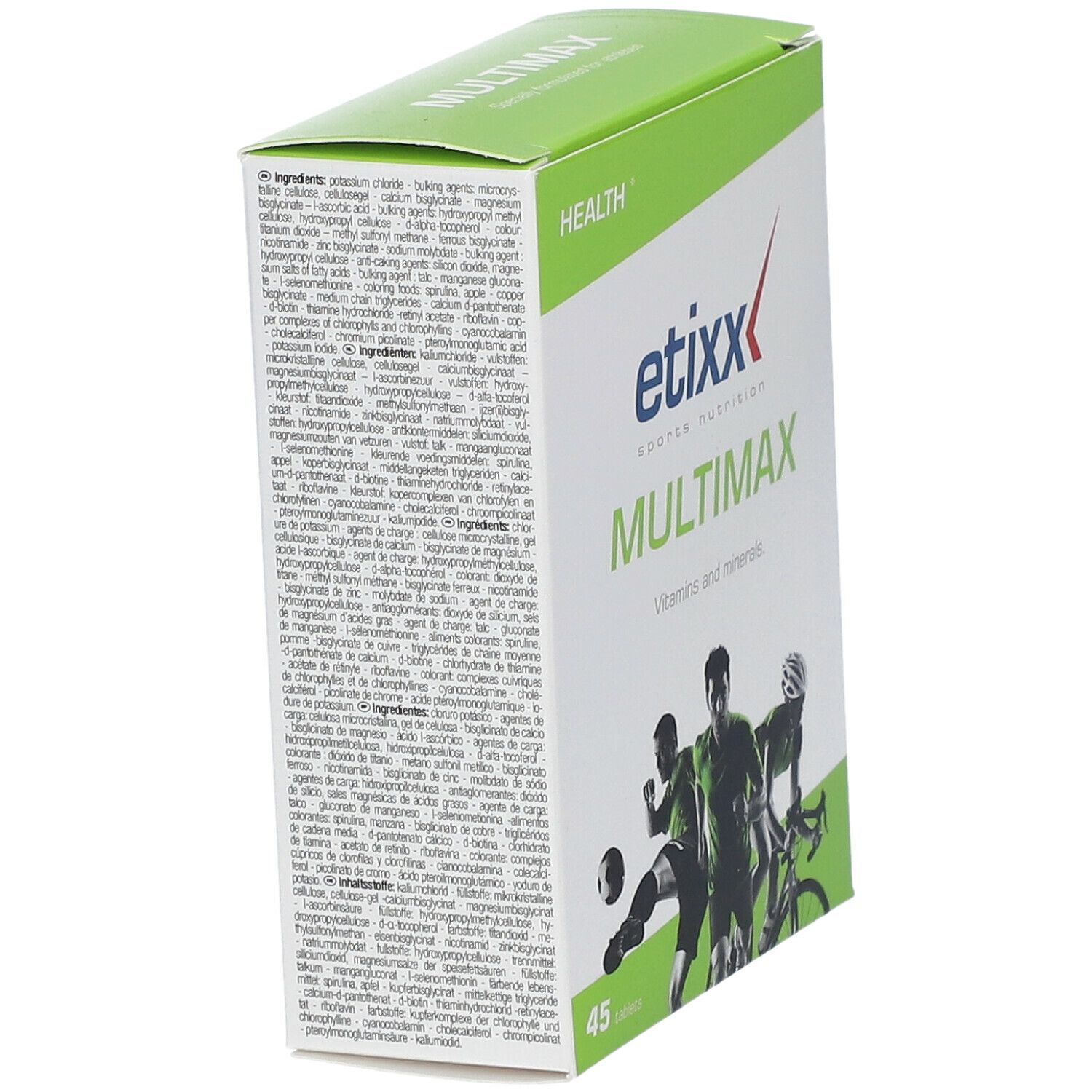 Confezione Etixx Multimaxx, vista obliqua. Rettangolare, verde e bianca, con nome del prodotto e lista ingredienti sul lato.