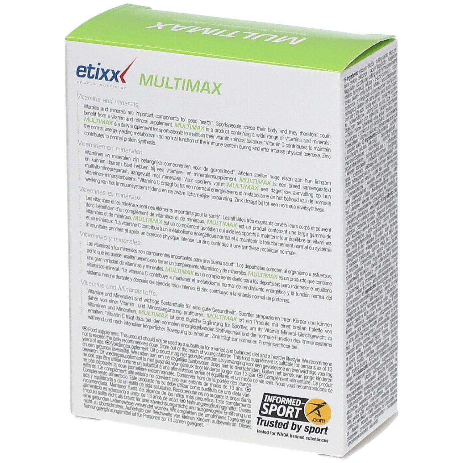 Retro della confezione Etixx Multimaxx. Verde e bianco con informazioni sul prodotto e logo 'Informed Sport'.
