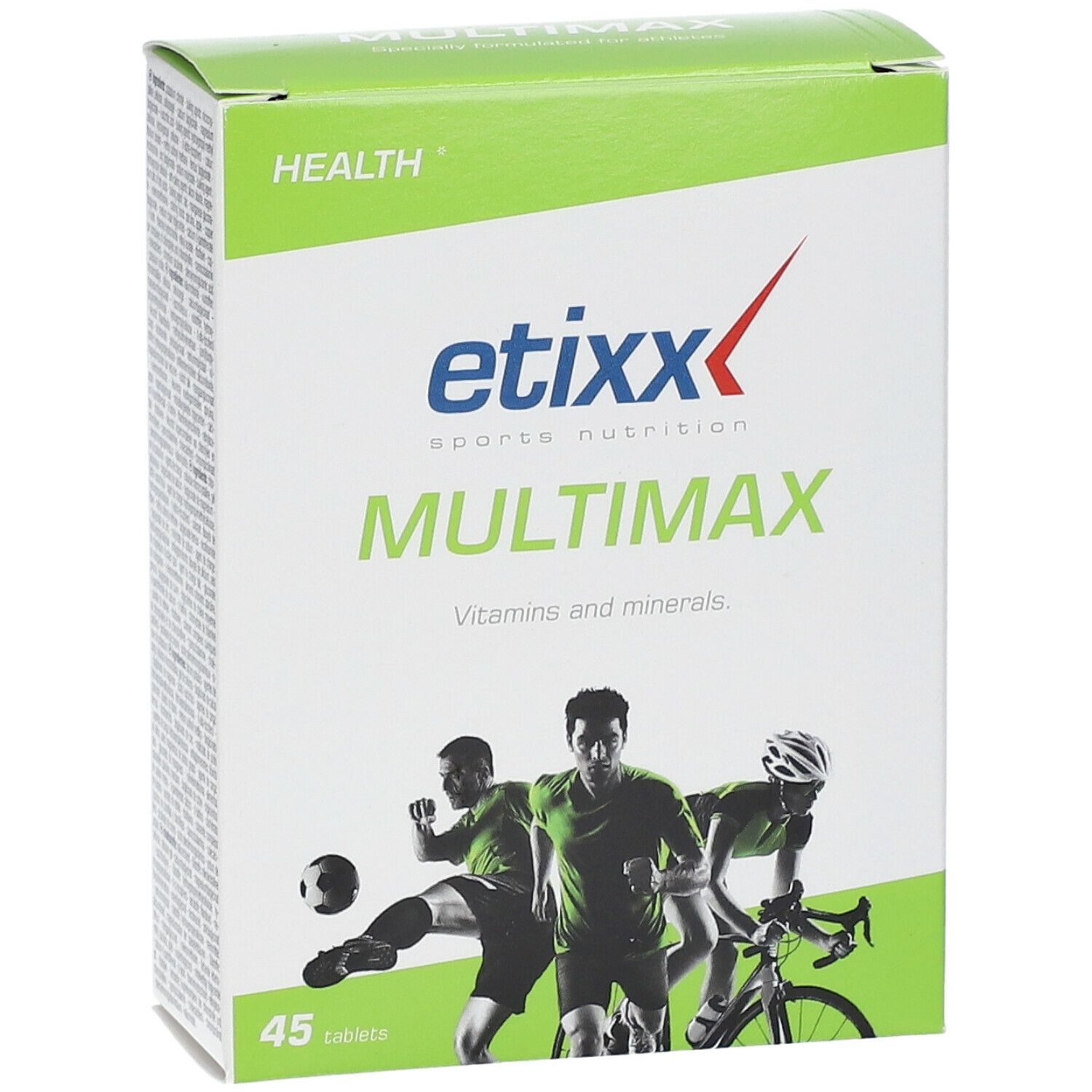 Confezione Etixx Multimaxx. Rettangolare, verde e bianca, con nome del prodotto e illustrazioni sportive. Contiene 45 compresse.