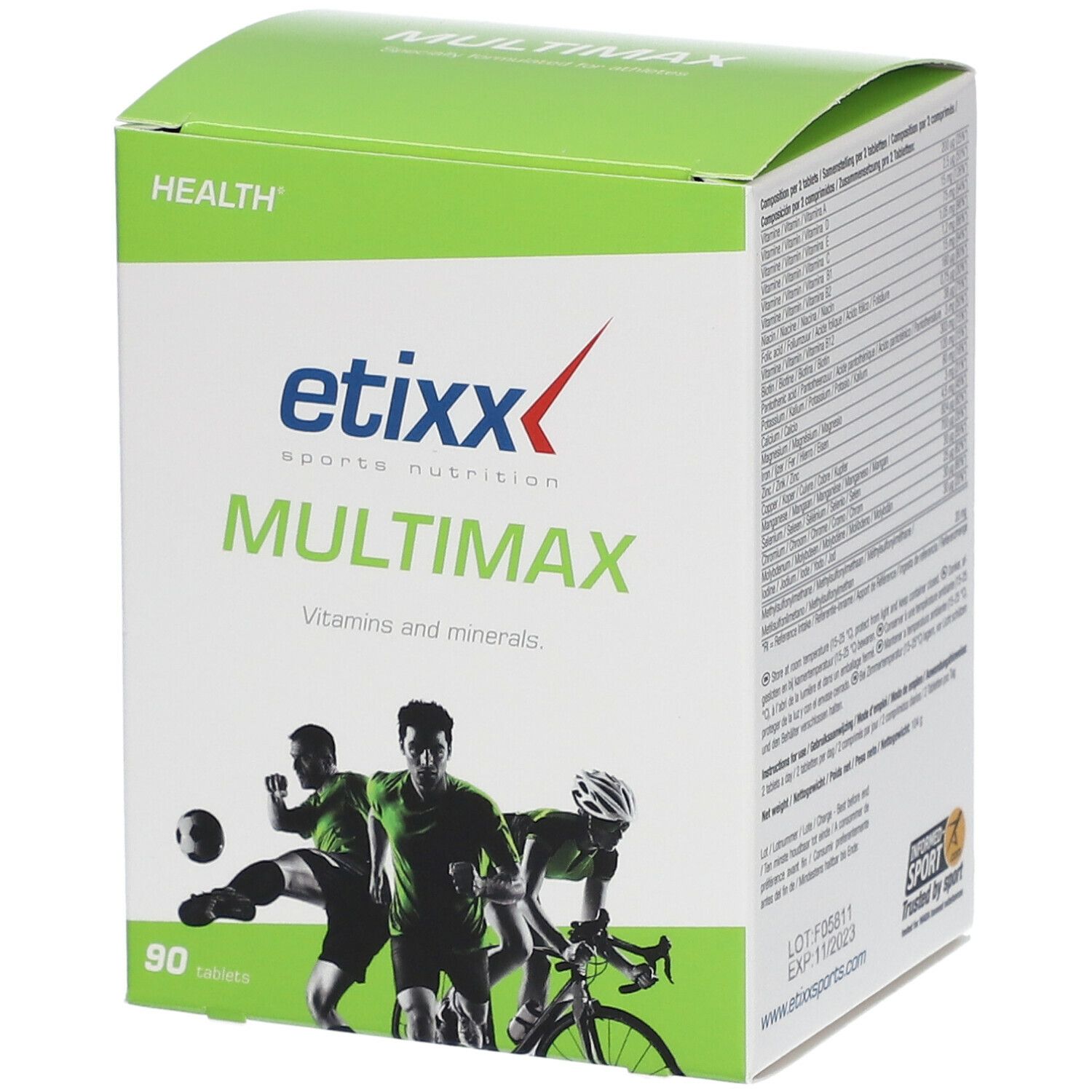 Confezione Etixx Mulitmax, verde e bianca, nome del prodotto e atleti. Contiene 90 compresse.