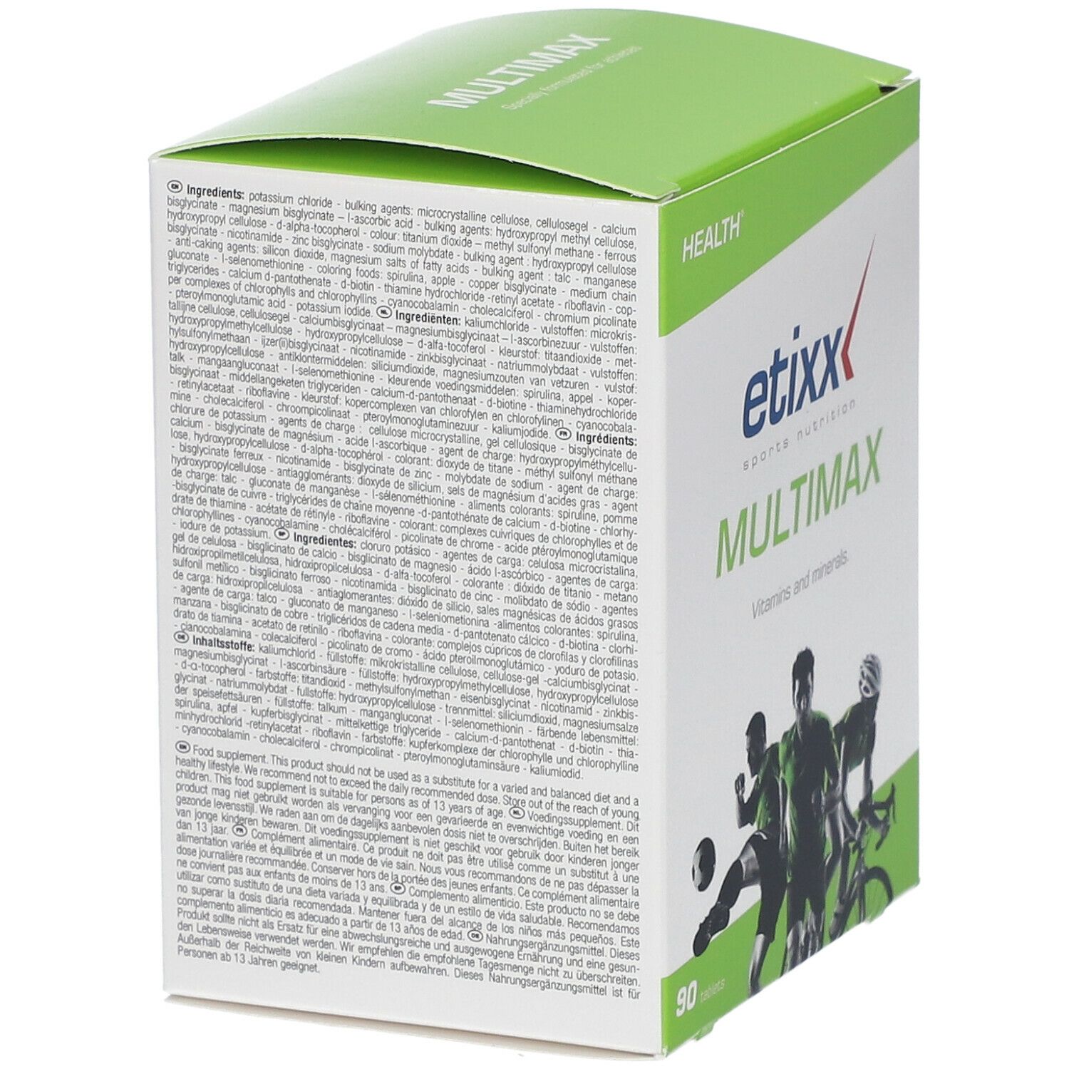Retro della confezione Etixx Mulitmax. Contiene elenco ingredienti e informazioni in più lingue.