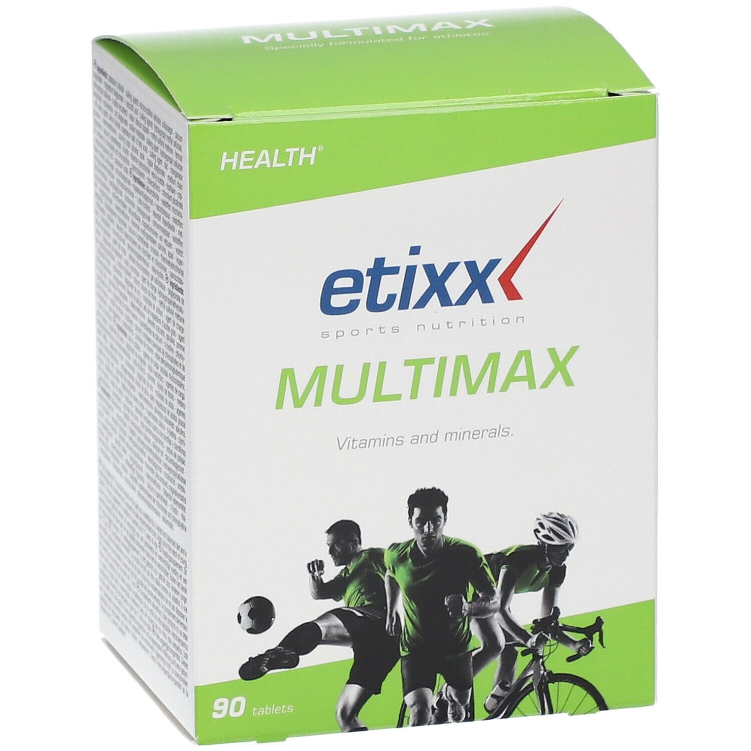 Confezione Etixx Mulitmax, verde e bianca, nome del prodotto e atleti. Contiene 90 compresse.