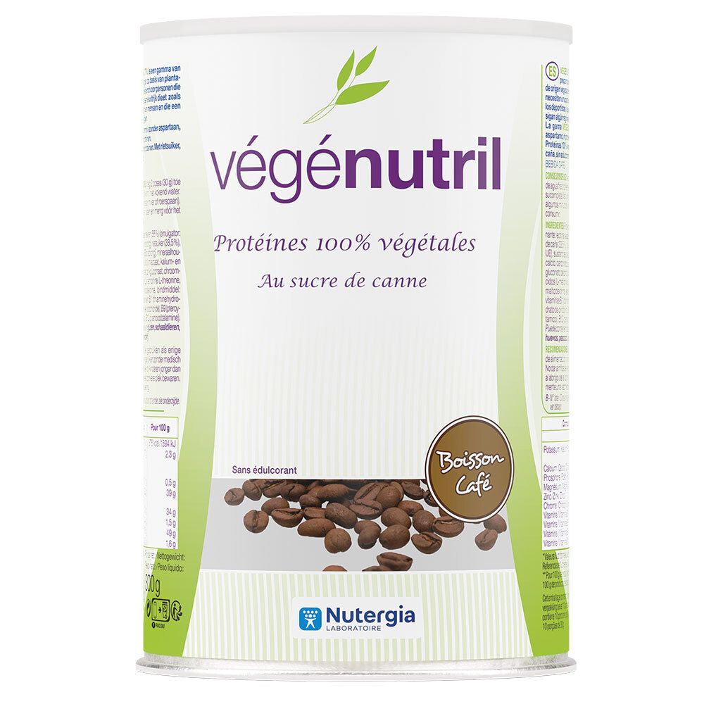 Confezione di polvere végénutril. Scritta: Protéines 100% végétales, Au sucre de canne. Immagine di chicchi di caffè.