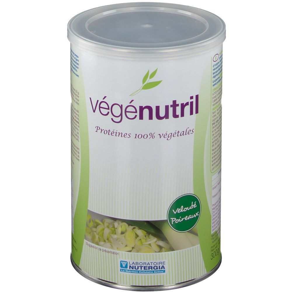 Barattolo Vegenutril Veloute Pdr, con coperchio. Scritta: Vegenutril, Proteines 100% vegetales. Logo NUTERGIA. 300g.