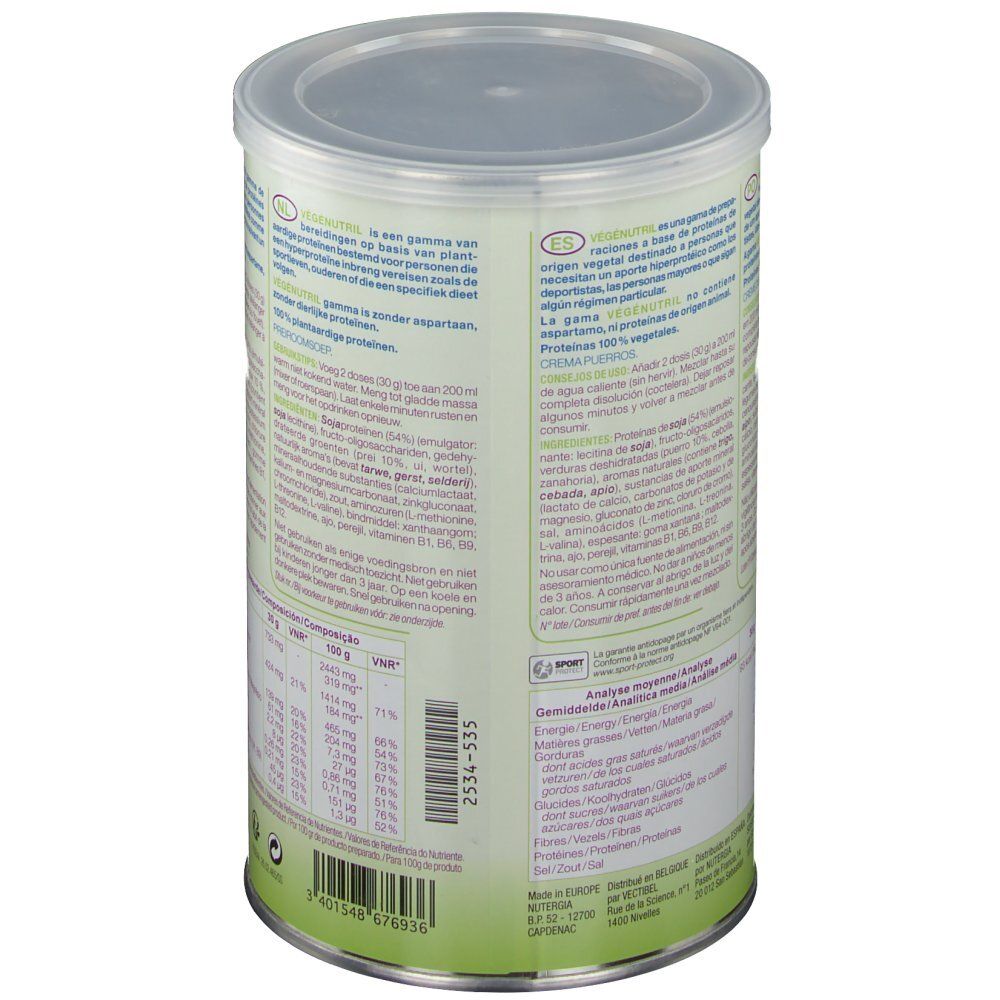 Barattolo Vegenutril Veloute Pdr, retro. Scritta: Vegenutril, tabella nutrizionale, ingredienti. Logo NUTERGIA. 300g.