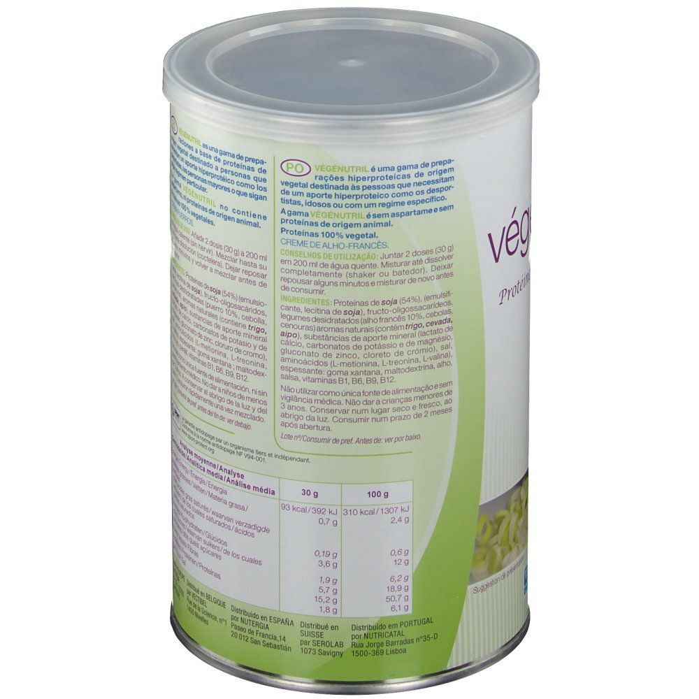 Barattolo Vegenutril Veloute Pdr, retro. Scritta: Vegenutril, tabella nutrizionale, ingredienti. Logo NUTERGIA. 300g.