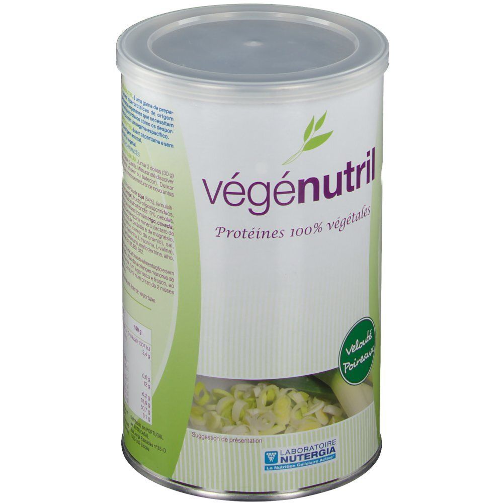 Barattolo Vegenutril Veloute Pdr, con coperchio. Scritta: Vegenutril, Proteines 100% vegetales. Logo NUTERGIA. 300g.