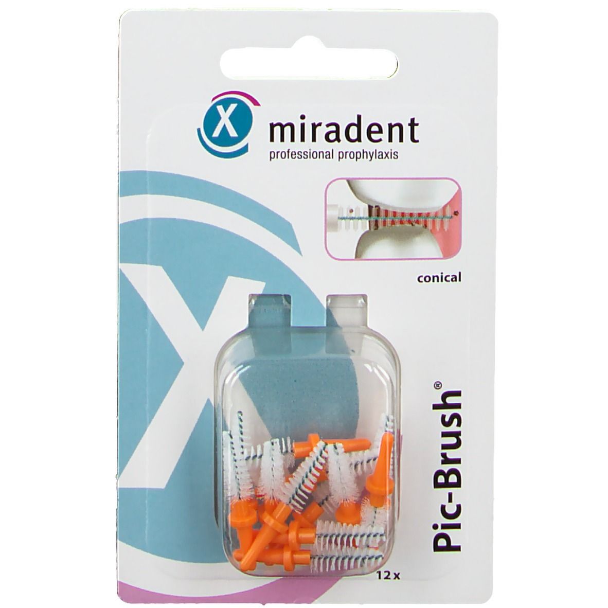 Confezione da 12 spazzolini di ricambio. Testine arancioni in una scatola di plastica trasparente. Testo: Miradent Pic-Brush.