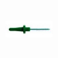 Singolo Miradent Pic-Brush Brossette Vert. Spazzolino verde con area setole blu. Vista orizzontale.
