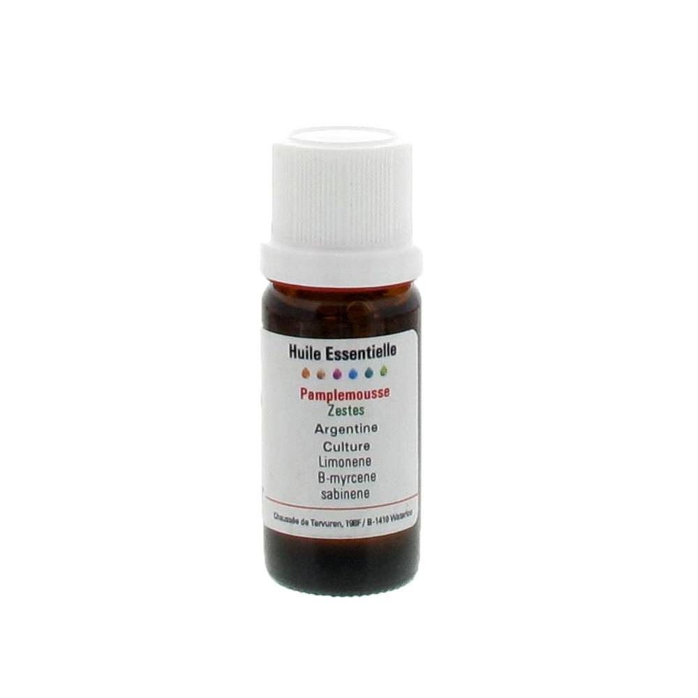 Flacone di vetro marrone con tappo bianco. Etichetta con testo: Huile Essentielle, Pamplemousse, Zestes, Argentine, Culture, Limonene, B-myrcene, sabinene.